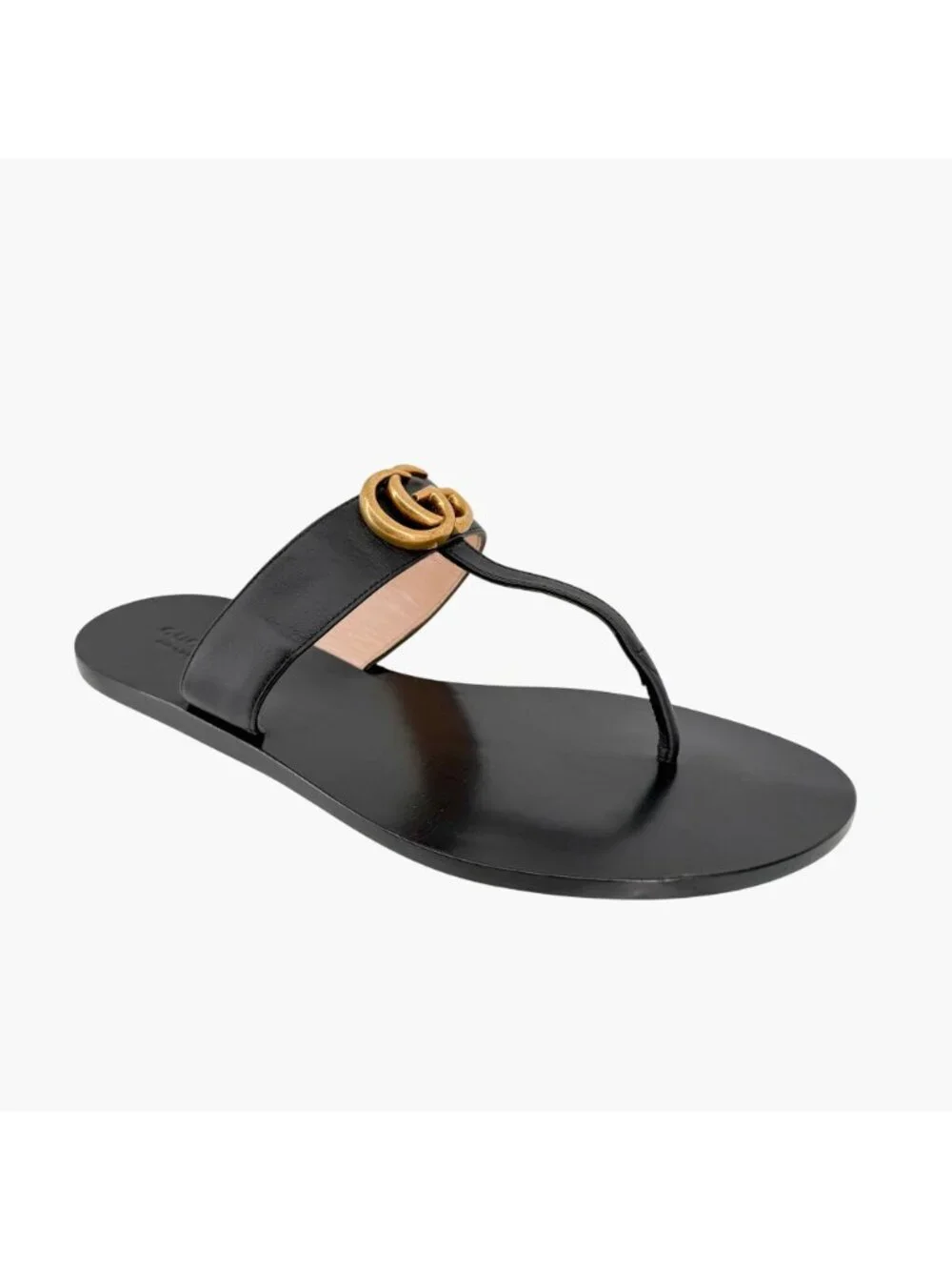 Gucci GG Marmont Thong Sandals Black Leather Size 40 US 10 Women's Flat Slides